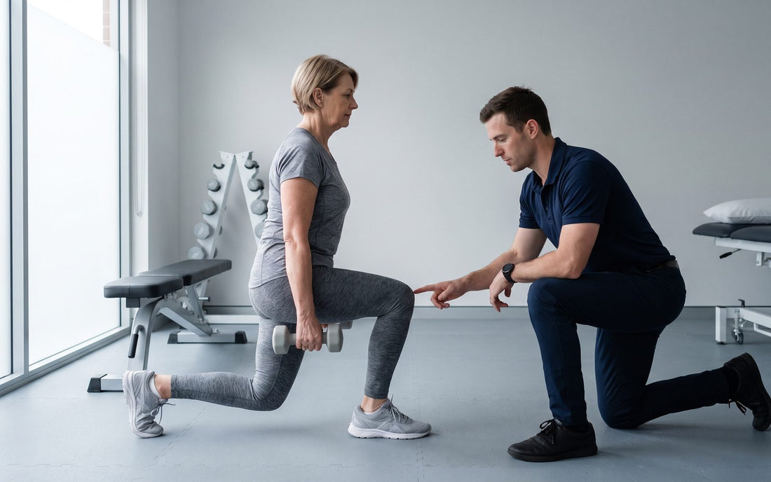 Accredited exercise physiologist correcting a woman's split squat technique in an Australian clinic